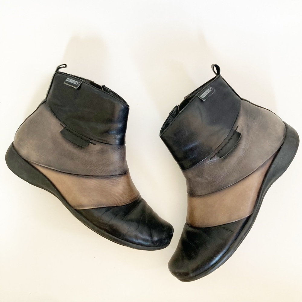 Pikolinos Leather Patchwork Colorblock Flat Ankle Booties Gray 40